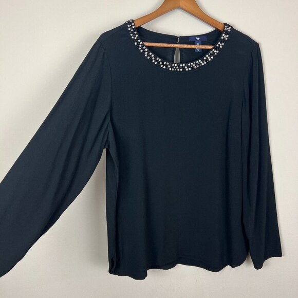 Gap Blouse Top Womens Large Black Embellished Neck Long Sleeve Rhinestones L‎ - Picture 5 of 9